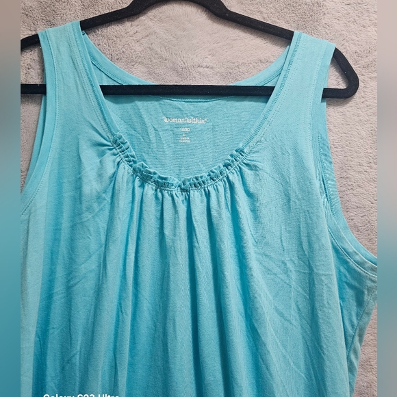 Woman Within Womens Top L 18/20 Plus Tank Blue Cotton Pleated Neck - Picture 3 of 6